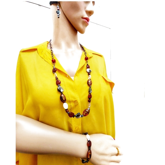 247NEB127 Homemade 3Pc. Amber Gray Necklace Set. - Picture 2 of 8